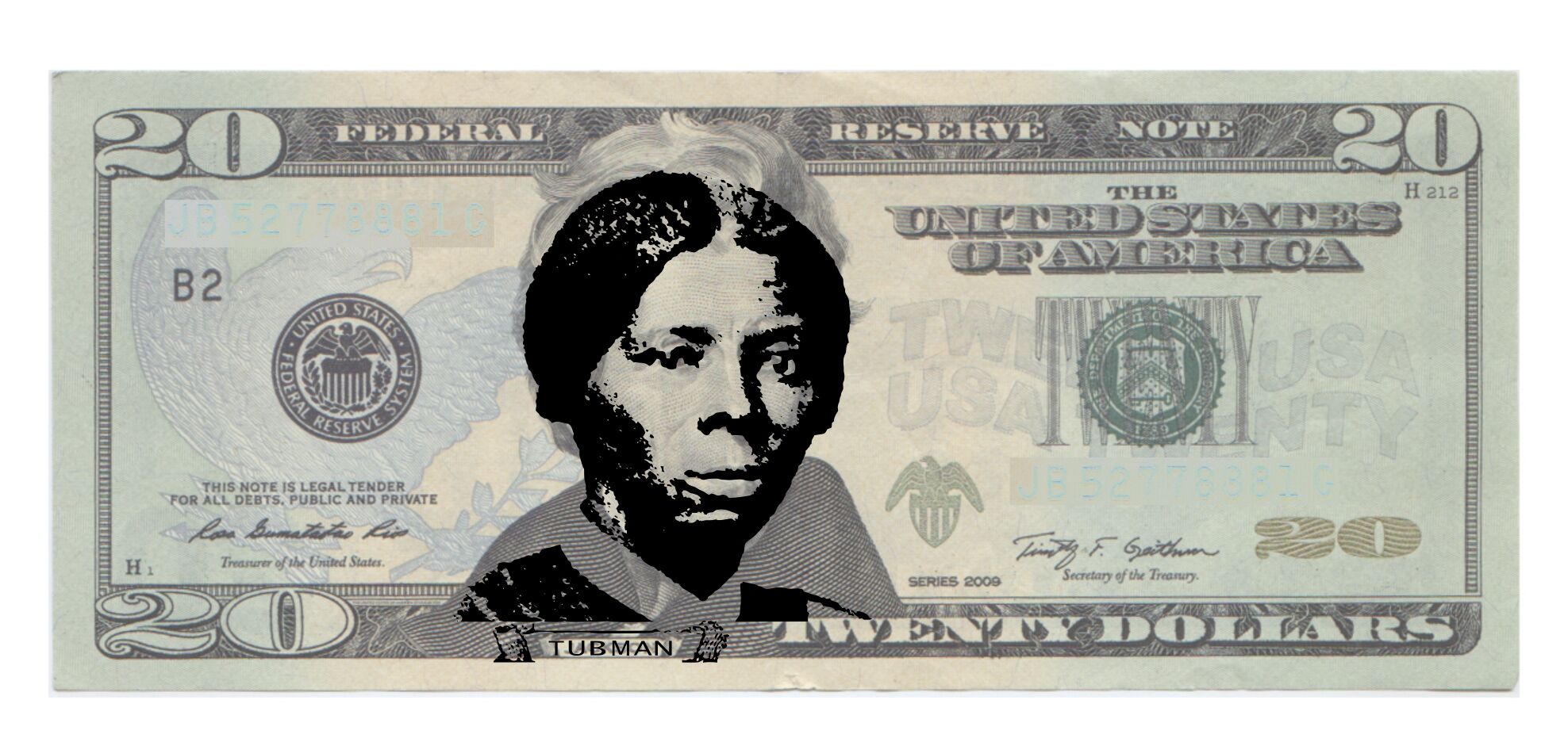 image of Harriet Tubman face stamped on a $20 bill